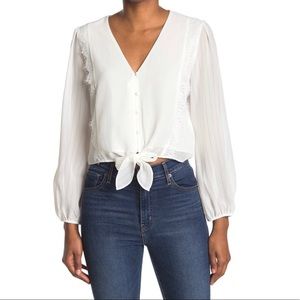 Lace trim knotted long sleeve blouse